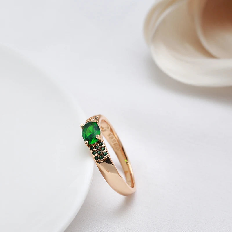 Kinel New Emerald Oval Cut Natural Zircon Ring for Women 585 Rose Gold Wedding Ring Fashion High Quality Daily Fine Jewelry