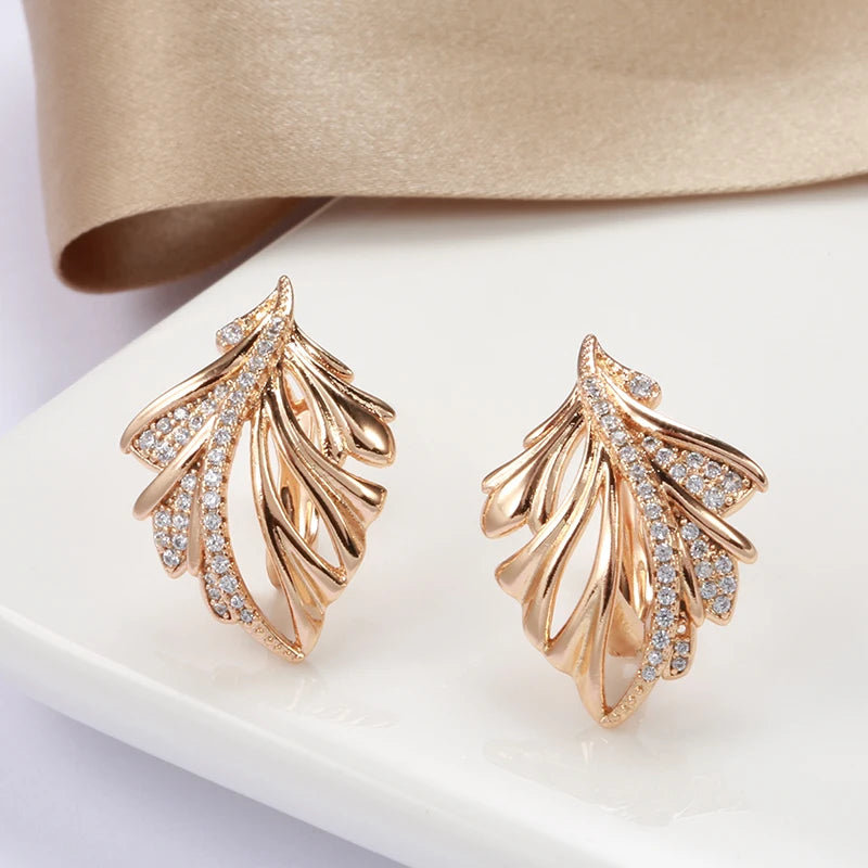 Wbmqda Fashion Leaf Drop Earrings For Women 585 Rose Gold Color With White Natural Zircon High Quality Daily Match Fine Jewelry