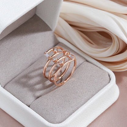 Wbmqda New Fashion 585 Rose Gold Color Geometric Hollow Line Zircon Rings For Women 2023 Modern Trendy Style Designer Jewelry