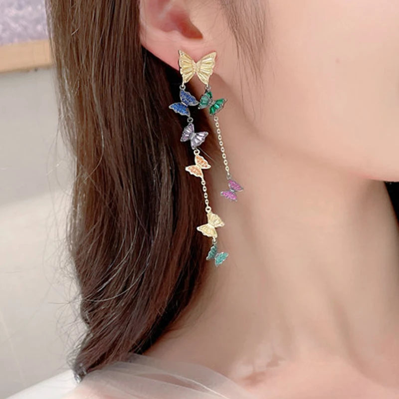 SUYU Temperament Cubic Zirconia Inlaid Decorative Facial Earrings Long Tassel Flying Butterfly Earrings