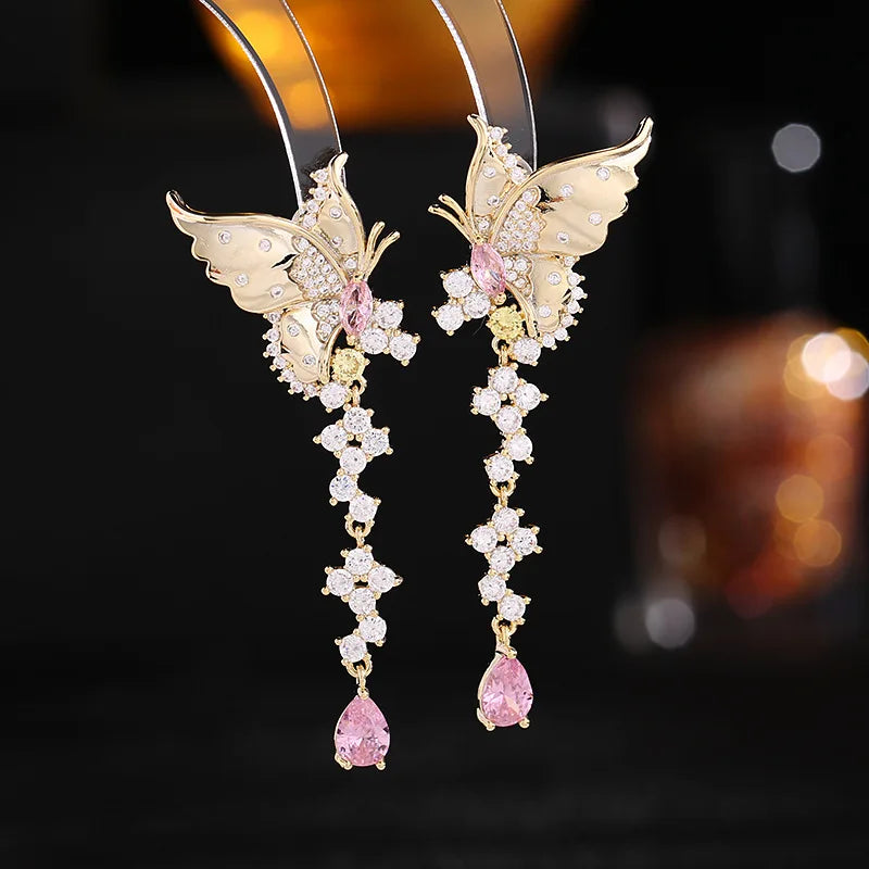 Micro Inlaid Cubic Zirconia Exaggerated Atmospheric Earrings Long Style Butterfly Water Drop Earrings