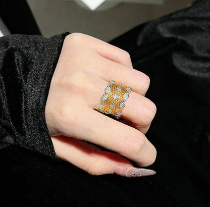 SUYU Retro 2024 New Open Ring Palace Weaving Design Women's Honeycomb Zircon Ring Luxurious Carving Wide Edition Festival Gift