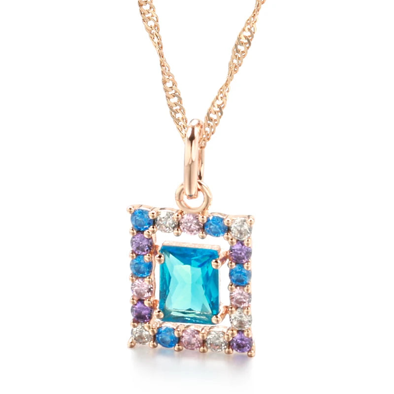 Kienl Fashion 585 Rose Gold Color Square Pendant Necklace for Women Blue Natural Zircon Accessories High Quality Daily Jewelry