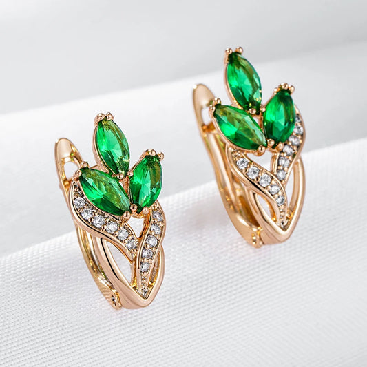 Wbmqda Fashion Green Crystal Flower Drop Earrings For Women 585 Rose Gold Color Natural Zircon Setting Wedding Party Jewelry