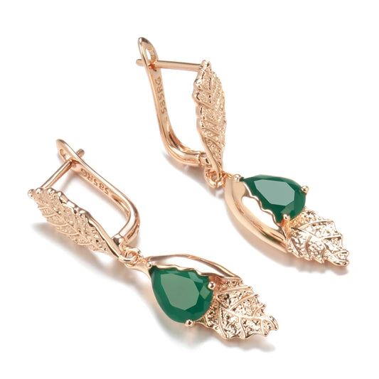 Kienl New 585 Rose Gold Color Leaf Long Earring for Women Vintage Green Natural Zircon Drop Earrings Bride Wedding Daily Jewelry