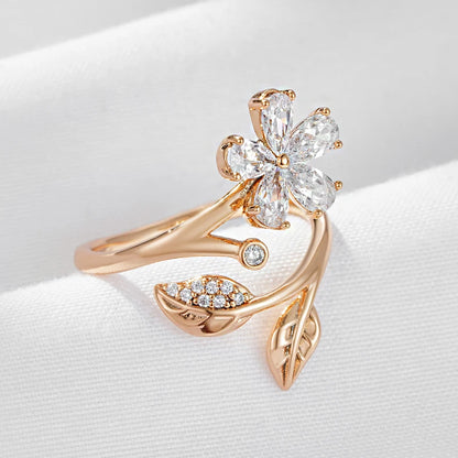 Wbmqda Sparkling Crystal Flower Zircon Ring For Women 585 Rose Gold Color Fashion Romantic Wedding Party Fine Jewelry Gift