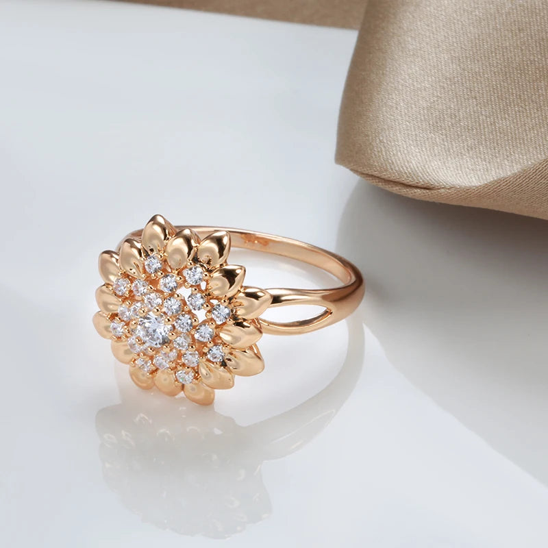 Wbmqda Full Zircon 585 Rose Gold Color Crystal Sun Flower Rings For Women  Luxury Retro Jewelry Daily Match Fine Accessories