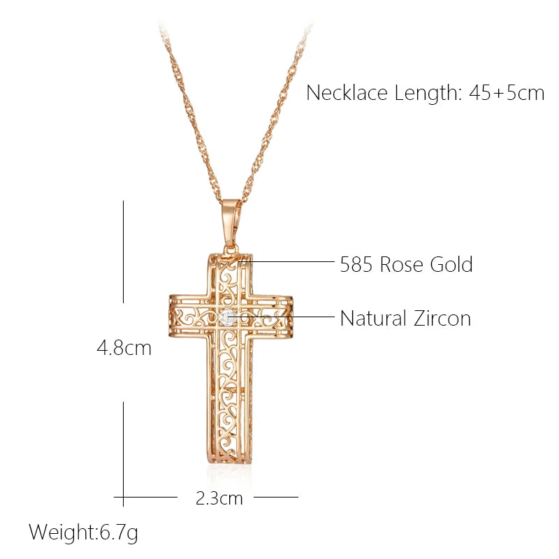 Wbmqda 585 Rose Gold Color Glossy Hollow Cross Pendant Necklace For Women With White Natual Zircon Fashion Jewelry Accessories