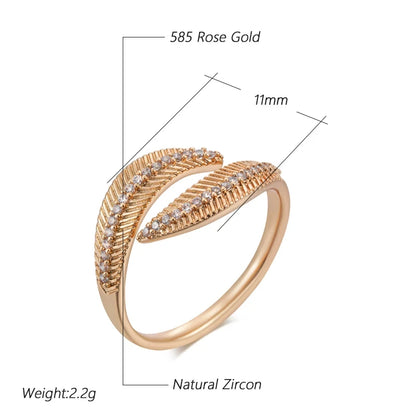 Wbmqda Unique Leaf Shape Open Ring For Women 585 Rose Gold Color With Natural Zircon High Quality Daily Jewelry