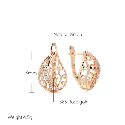 Wbmqda Classic Leaf Hollow Drop Earrings For Women 585 Rose Gold Color Natural Zircon Setting High Quality Daily Fine Jewelry