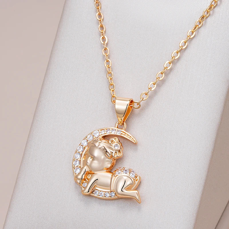 Kinel Hot 585 Rose Gold Color Moon Baby Pendant Necklace for Women Fashion Natural Zircon Pendant Child Jewelry Crystal Gift