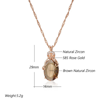 Kinel Hot Big Oval Light Brown Natural Zircon Pendant Necklace for Women Fashion 585 Rose Gold Color High Quality Daily Jewelry