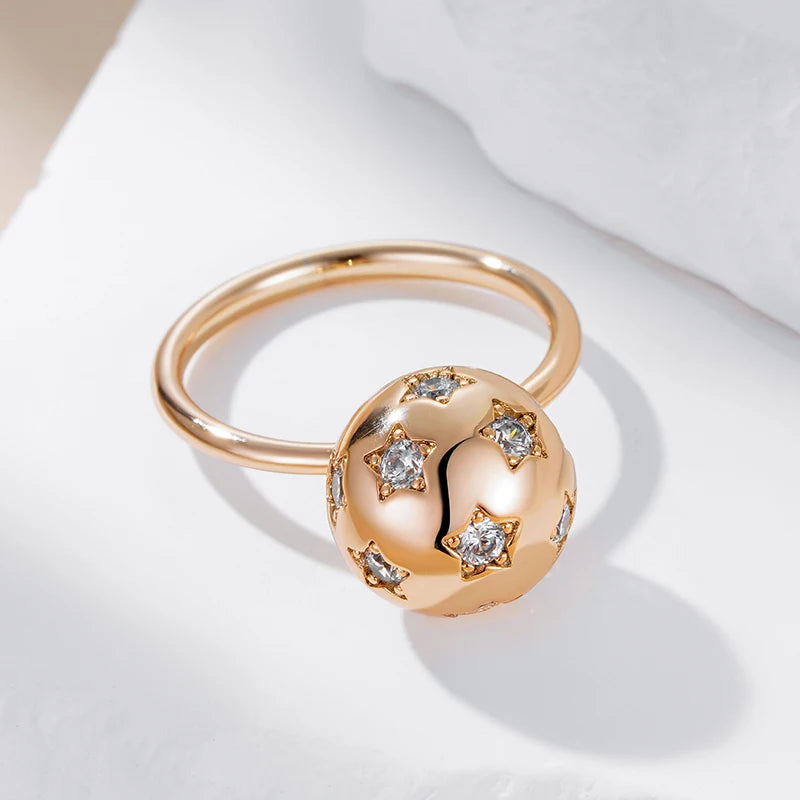 Wbmqda Unique 585 Rose Gold Color Round Ball Ring For Women Star Shape Zircon Setting Simple Fashion Christmas Jewelry Gifts