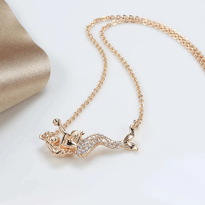 Kinel Exquisite 585 Rose Gold Color Mermaid Pendant Necklaces For Women Shiny Natural Zircon Accessories Daily Fine Jewelry