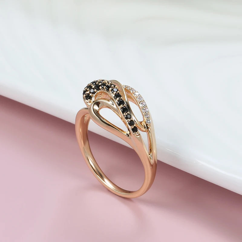 Wbmqda New Unique Black Natural Zircon Gothic Ring For Women 585 Rose Gold Color Retro Refined Daily Jewelry Accessories