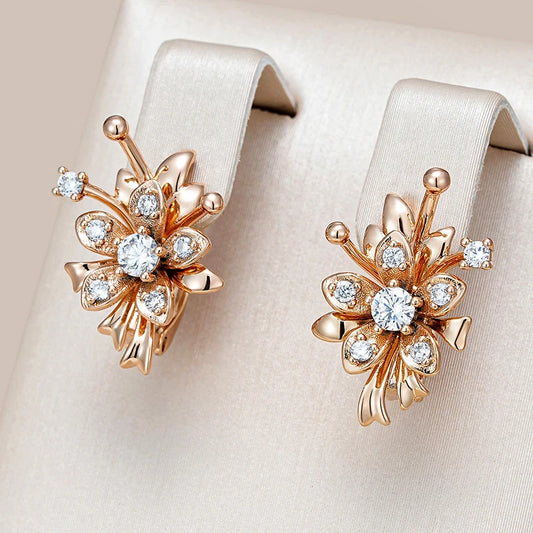 Kienl Hot Unique 585 Rose Gold Color Flower Drop Earring for Women Shiny Natural Zircon Daily Vintage Jewelry Gift Free Shipping