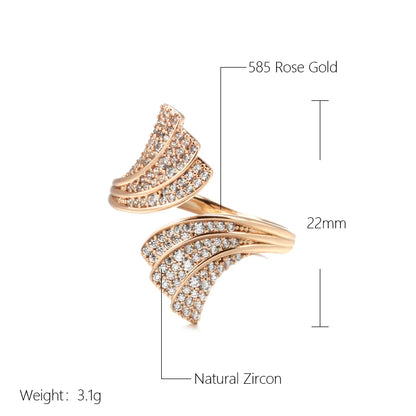 Wbmqda Unique Fan Shape Full Zircon Open Ring For Women 585 Rose Gold Color Luxury Fashion Daily Party Jewelry Accessories