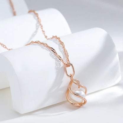 Kinel Luxury 585 Rose Gold Pendant Necklace for Women Unique Geometric Hollow Pearl Bridal Wedding Jewelry Daily Wear Gift