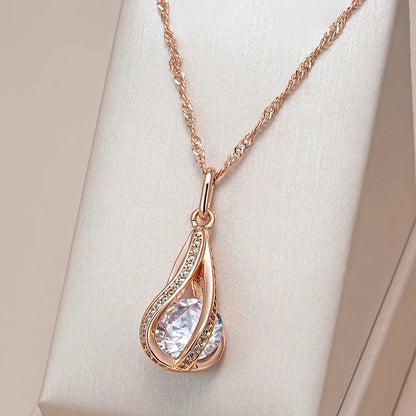 Wbmqda Luxury Natural Zircon Pendant And Necklace For Women 585 Rose Gold Color Sparkling Bridal Wedding Party Ethnic Jewelry