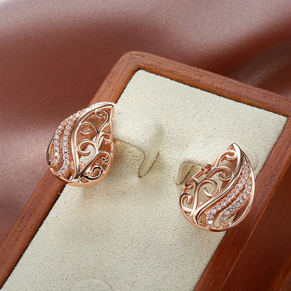 Wbmqda Classic Leaf Hollow Drop Earrings For Women 585 Rose Gold Color Natural Zircon Setting High Quality Daily Fine Jewelry