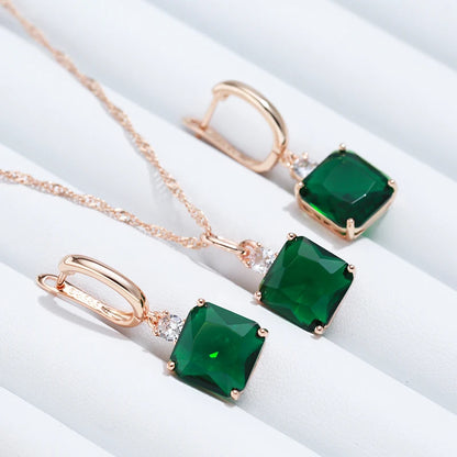 Kinel Hot Square Green Stone Pendant Necklace for Women 585 Rose Gold Color With Natural Zircon Accessories Daily Fine Jewelry