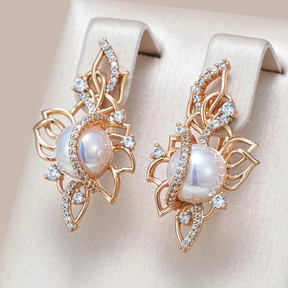 Wbmqda Luxury Unique Pearl Drop Earrings For Women 585 Rose Gold Color With White Natural Zircon Trendy Personalized Jewelry