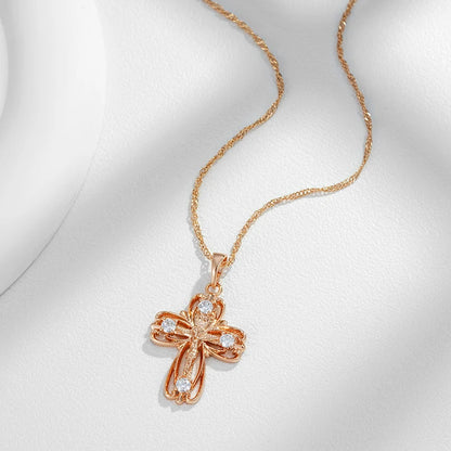 Wbmqda 585 Rose Gold Color Cross Crucifix Jesus Pendant And Necklace For Women Men Classic Simple Zircon Jewelry Accessories