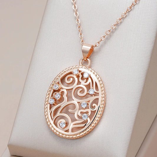 Kinel Vintage Hollow Flower Pendant Necklace For Women 585 Rose Gold Color Natural Zircon Accessories Party Daily Fine Jewelry