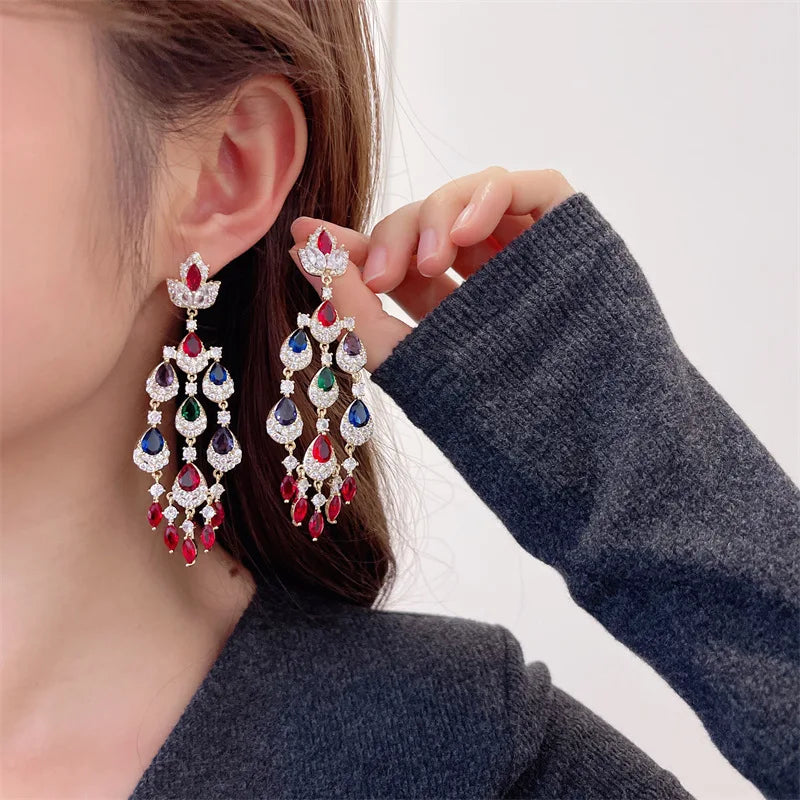 Colored Cubic Zirconia Inlaid Long Water Drop Tassel Earrings Fashion Court Style Exaggerated Atmosphere Heavy Industry Earrings