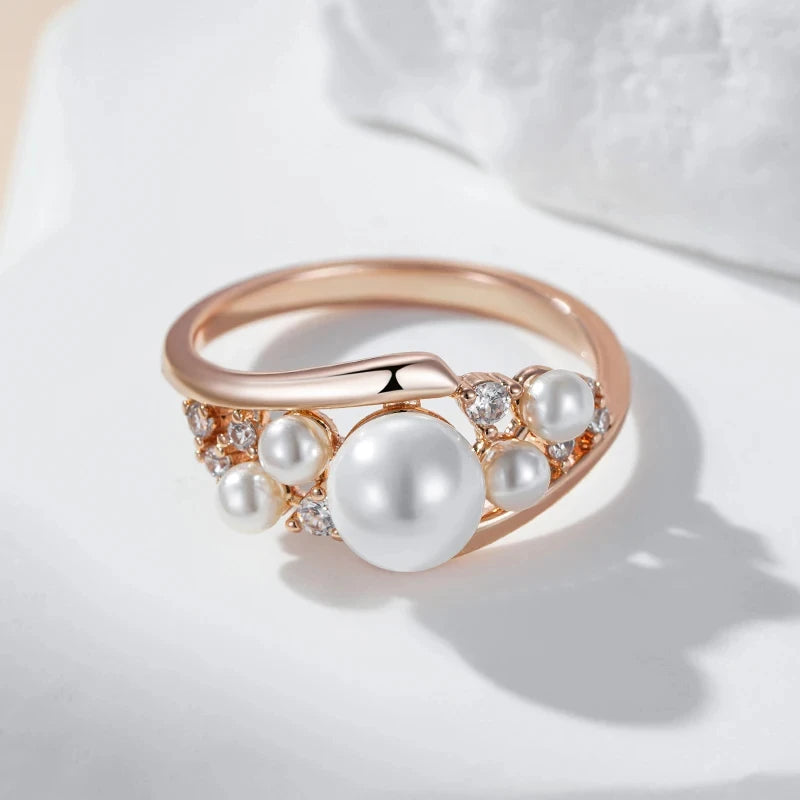 Wbmqda Cute Pearl Rings For Women 585 Rose Gold Color With Natural Zircon Elegant Daily Party Jewelry 2024 Best Gift