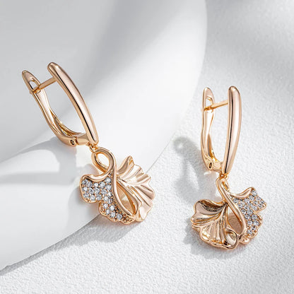 Wbmqda Unique Leaf Shape Long Drop Earrings For Women 585 Rose Gold Color With Natural Zircon Fashion Daily Jewelrry