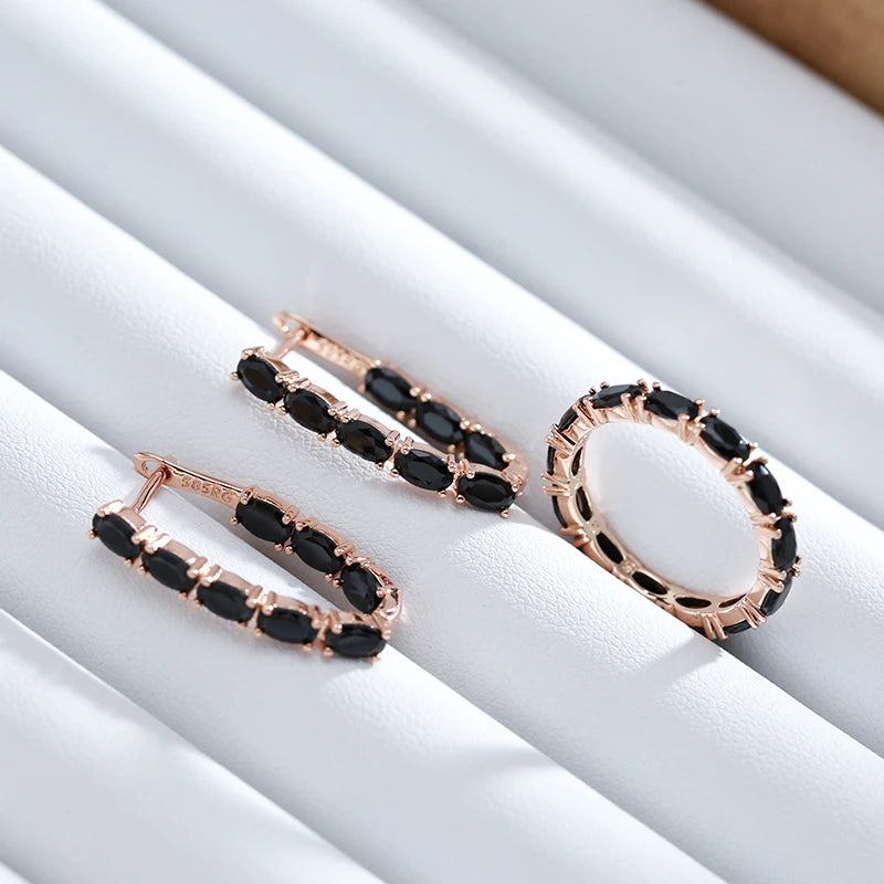 Wbmqda Unique Black Crystal Stone Ring For Women 585 Rose Gold Color Full Zircon Setting Luxury Fashion Jewelry Accessories