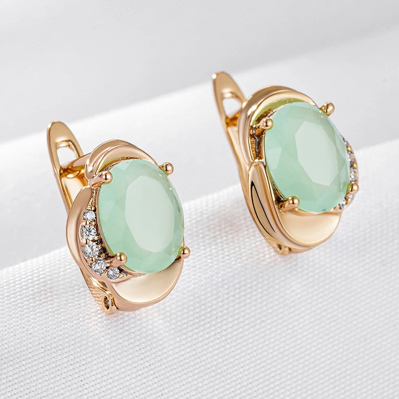 Wbmqda Elegant Green Natural Zircon English Earrings For Women 585 Rose Gold Color Luxury Fashion Daily Fine Jewelry Accessories