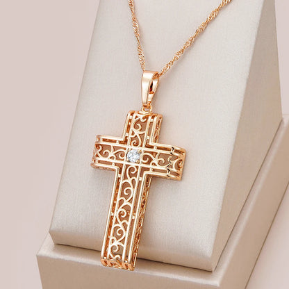 Wbmqda 585 Rose Gold Color Glossy Hollow Cross Pendant Necklace For Women With White Natual Zircon Fashion Jewelry Accessories