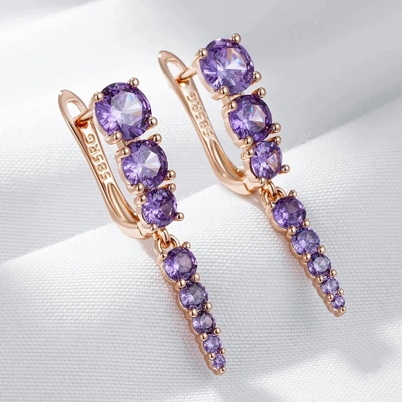 Wbmqda Sparkling Purple Stone Tassel Drop Earrings For Women 585 Rose Gold Color With Natural Zircon Luxury Ethnic Jewelry Gifts