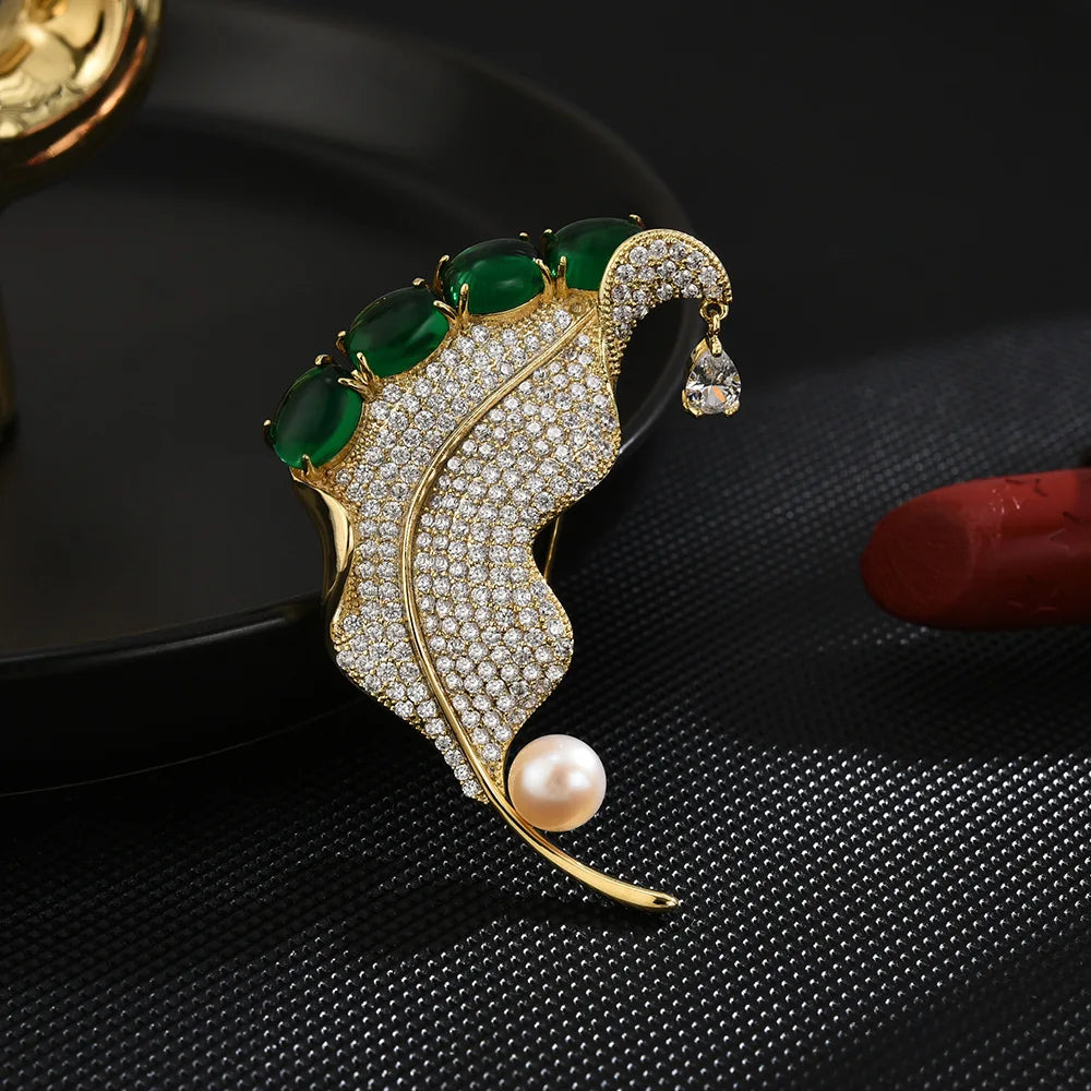 SUYU Green Leaf Brooch Vintage Imitation pearl Plant Brooch Atmospheric Fashion Accessories