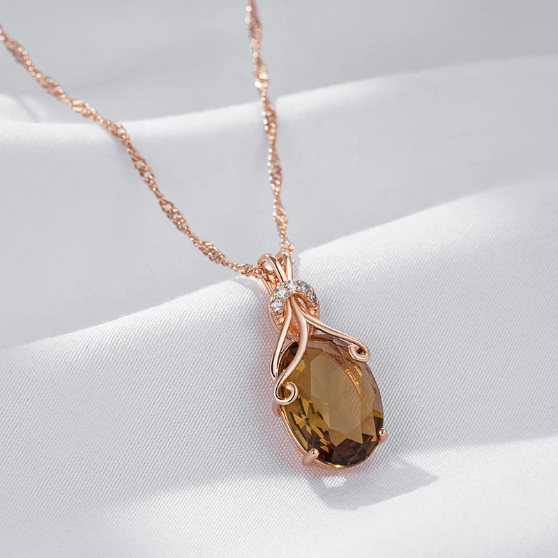 Kinel Hot Big Oval Light Brown Natural Zircon Pendant Necklace for Women Fashion 585 Rose Gold Color High Quality Daily Jewelry