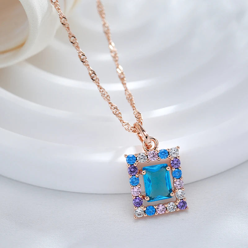 Kienl Fashion 585 Rose Gold Color Square Pendant Necklace for Women Blue Natural Zircon Accessories High Quality Daily Jewelry