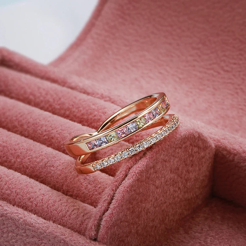 Kinel New Natural Zircon Ring for Women 585 Rose Gold Stackable Band Rings Fashion High Quality Daily Jewelry Party Accessories