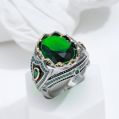 Kinel Vintage Ring for Men Green Natural Zircon Hand Engraved Pattern Ethnic Jewelry Punk Big Ring Best Daily Accessories