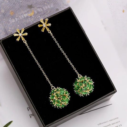 SUYU Colored Cubic Zirconia Snowflake Long Style Temperament Earrings Personality Earrings Hollow Round Earrings