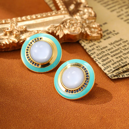 SUYU Medieval Elegant Palace Style Drip Glazed Large Earrings For Women's Light Luxury Design Round Contrast Color Earrings