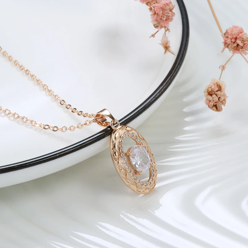 Wbmqda Luxury 585 Rose Gold Color Pendant And Necklace For Women Oval Natural Zircon Setting Ethnic Wedding Jewelry Accessories