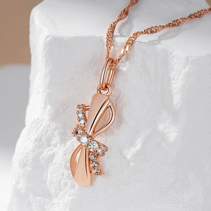 Wbmqda Cute Bowknot Pendant And Necklace For Women Girls 585 Rose Gold Color With Natural Zircon Trendy Jewelry Gifts