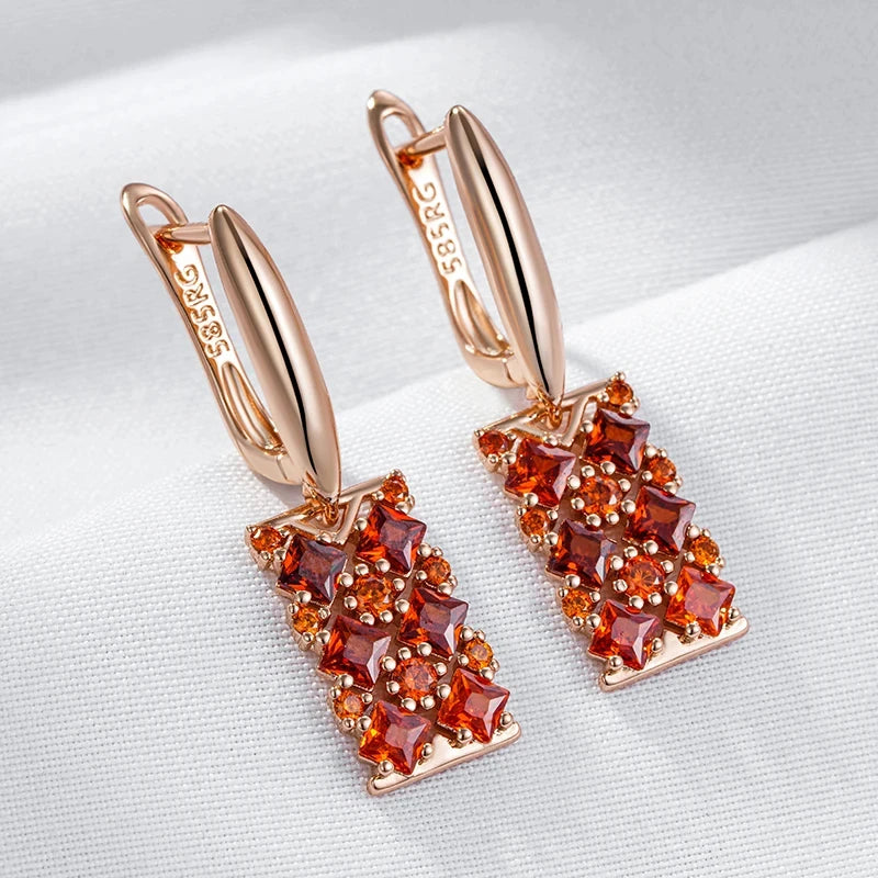 Wbmqda Luxury Red Natural Zircon Long Drop Earrings For Women 585 Rose Gold Color Wedding Party Fashion Dubai Jewelry