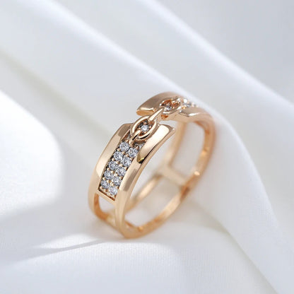 Wbmqda Unique Chain Shape Ring For Women 585 Rose Gold Color With White Natural Zircon High Quality Daily Match Fashion Jewelry