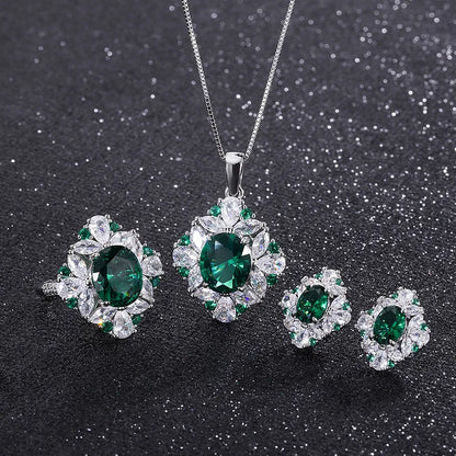 SUYU Fashionable New Fashion Trend Green Round Zircon Micro Inlaid Ring Set Earrings And Pendant Set Accessories