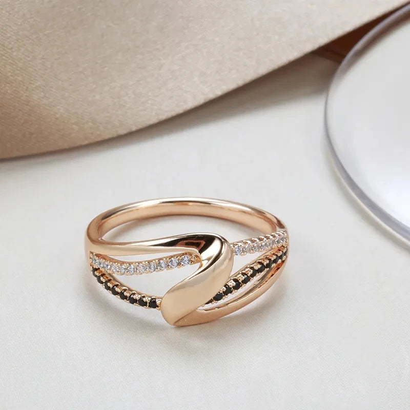 Wbmqda Unique Geometric Design 585 Rose Gold Color With Black And White Natural Zircon High Quality Daily Finger Ring For Women