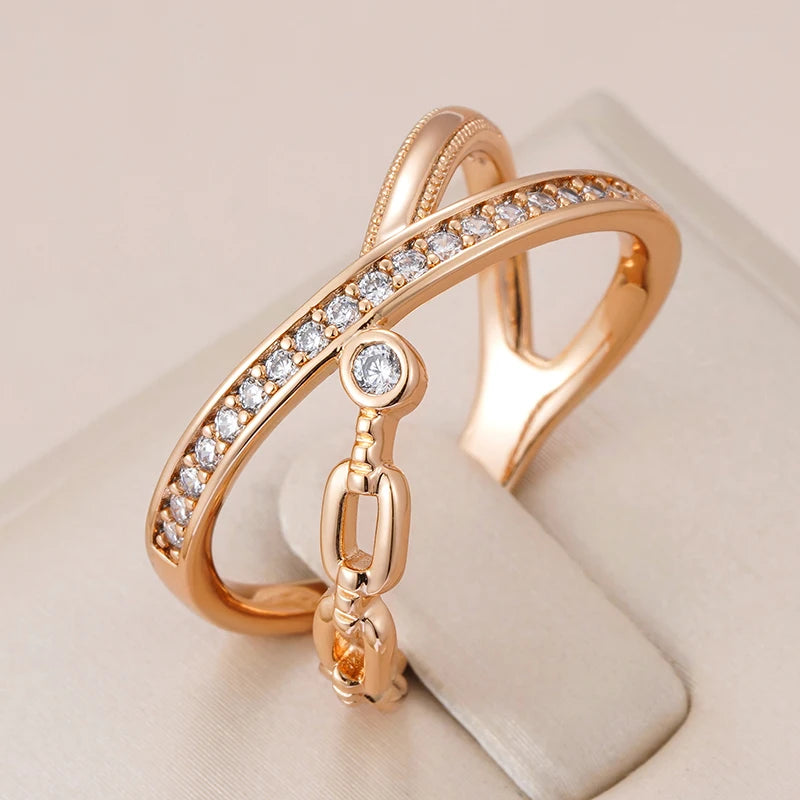 Wbmqda New 585 Rose Gold Color Geometric Crossover Zircon Ring For Women Unusual Fashion Design High Quality Daily Fine Jewelry