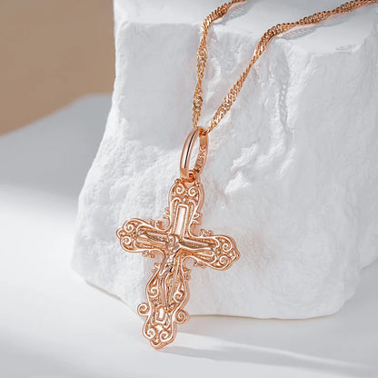 Kinel Luxury 585 Rose Gold Color Cross Pendant Necklace For Women Men Orthodox Church Jesus Glossy Charm Daily Fine Jewelry